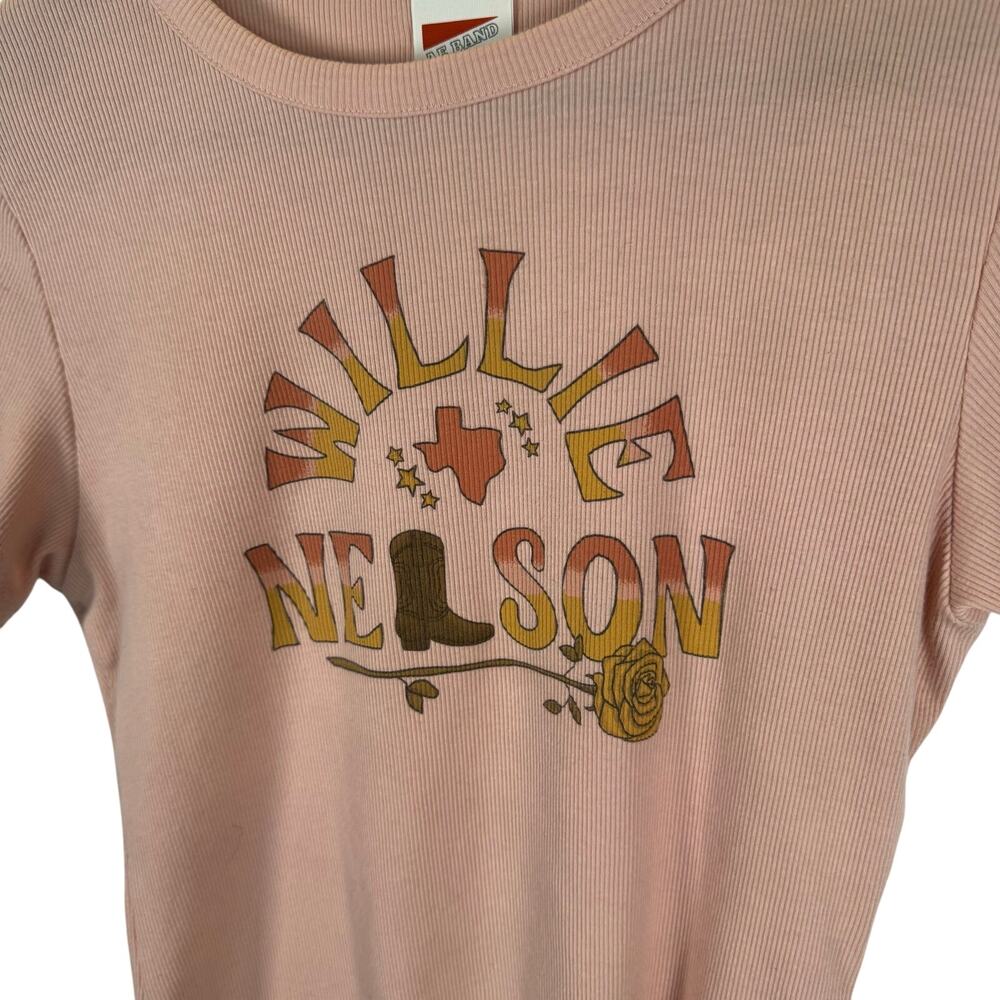 American Eagle Women’s M Cropped Ribbed Band Tee Willie Nelson Pink Graphic Top